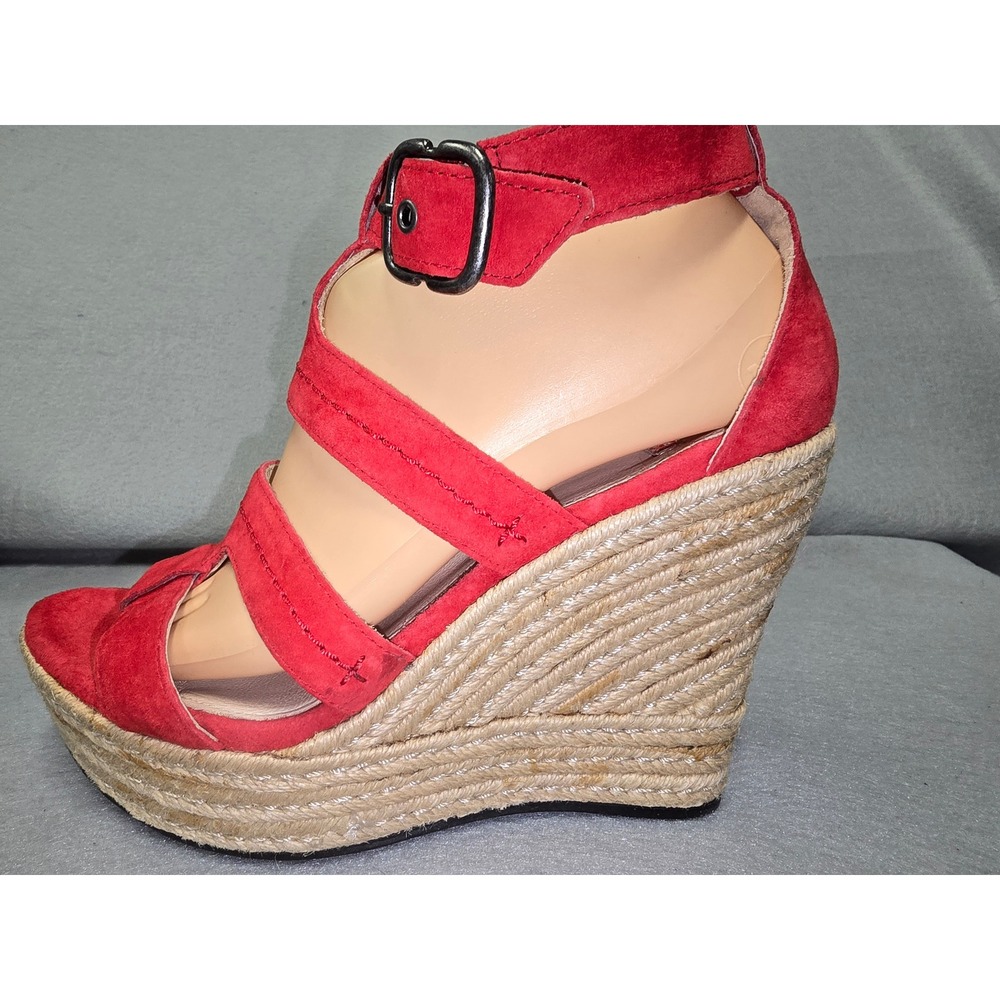 UGG Lucianna Red Suede Espadrille Wedge Sandals Strappy Buckle Size 8.5